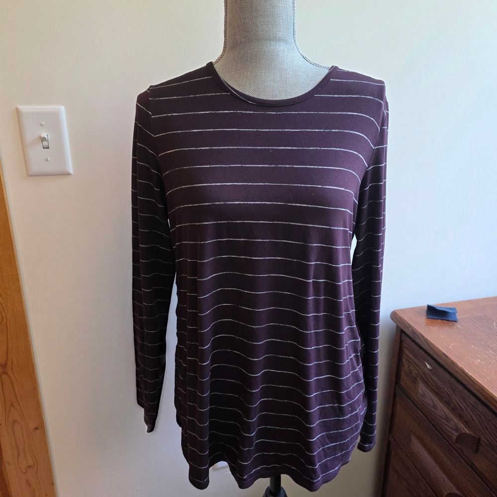 J. Jill Fit Performance Long Sleeve Tee Plum Purple Silver Stripe Small Cozy